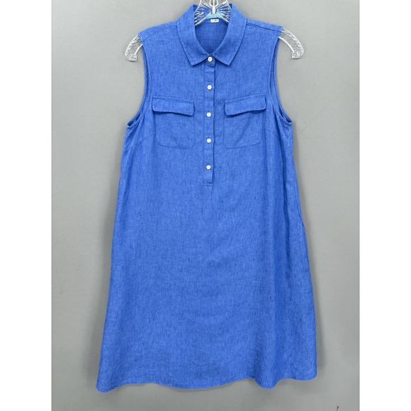 J. McLaughlin Dresses & Skirts - J McLaughlin Dress Small Blue Linen Sleeveless Shirt Collared Pockets Resort